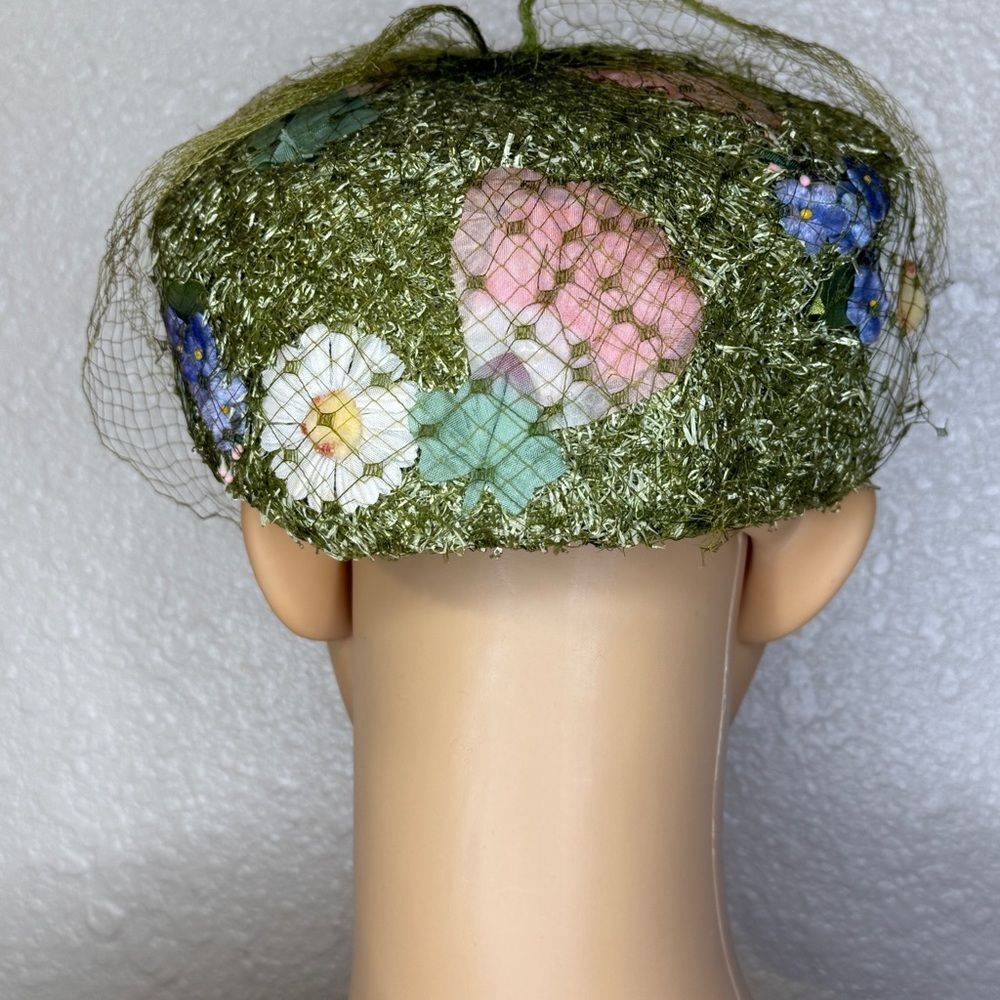 Vintage Rare Hutzler’s Pillbox Floral Tulle Net Fascinator Hat Green White Pink - Picture 4 of 15